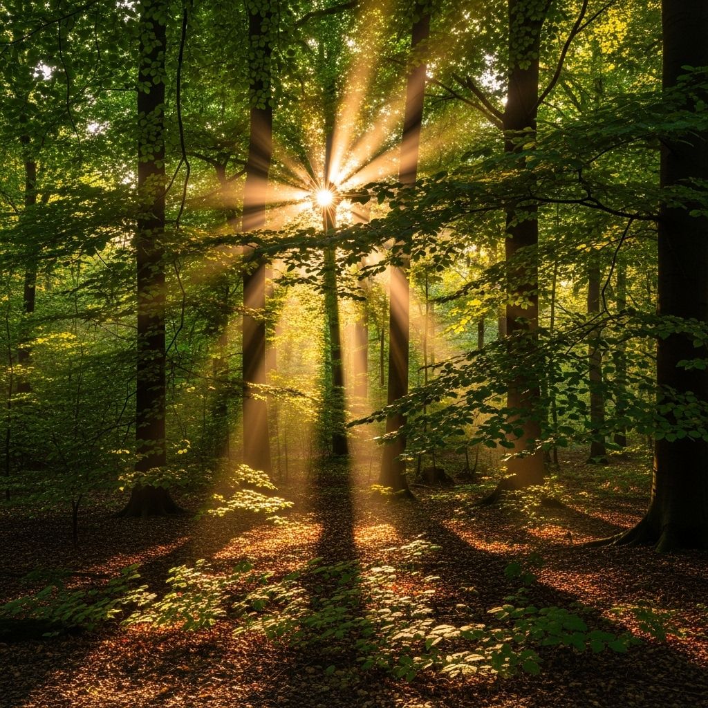 Warm golden sunlight filtering through green forest canopy in a temperate woodland with rays of light visible through tall trees and dappled shadows on forest floor