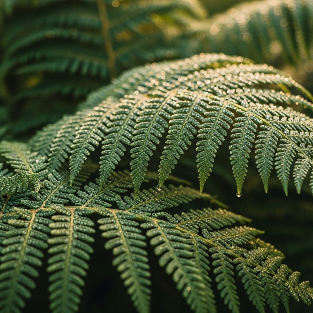 Close-up of dense green fern fronds with dew drops catching early morning light in a temperate woodland, emphasising natural texture and organic structure